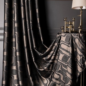 Luxury Black Gold Geometric Patterned Striped Curtains, Modern Fabric Panels, %100 Blackout Extra Long Curtains, Living Room Bedroom Kitchen, patterned curtains, art deco, panel curtains, fabrics, drapery, chenille curtains, black curtains, geometric