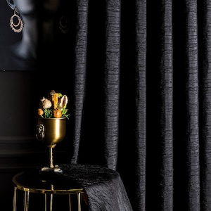 Bohemian Black Crinkled Curtains, Luxury Textured Curtains Panel, Custom Size Embossed Fabric, Curtains for Living Room & Bedroom