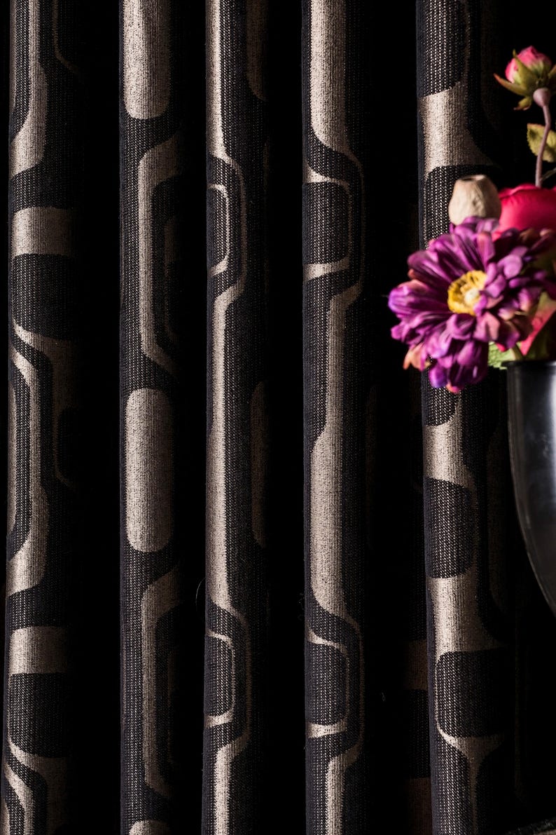 Luxury Black Gold Geometric Patterned Striped Curtains, Modern Fabric Panels, %100 Blackout Extra Long Curtains, Living Room Bedroom Kitchen, patterned curtains, art deco, panel curtains, fabrics, drapery, chenille curtains, black curtains, geometric