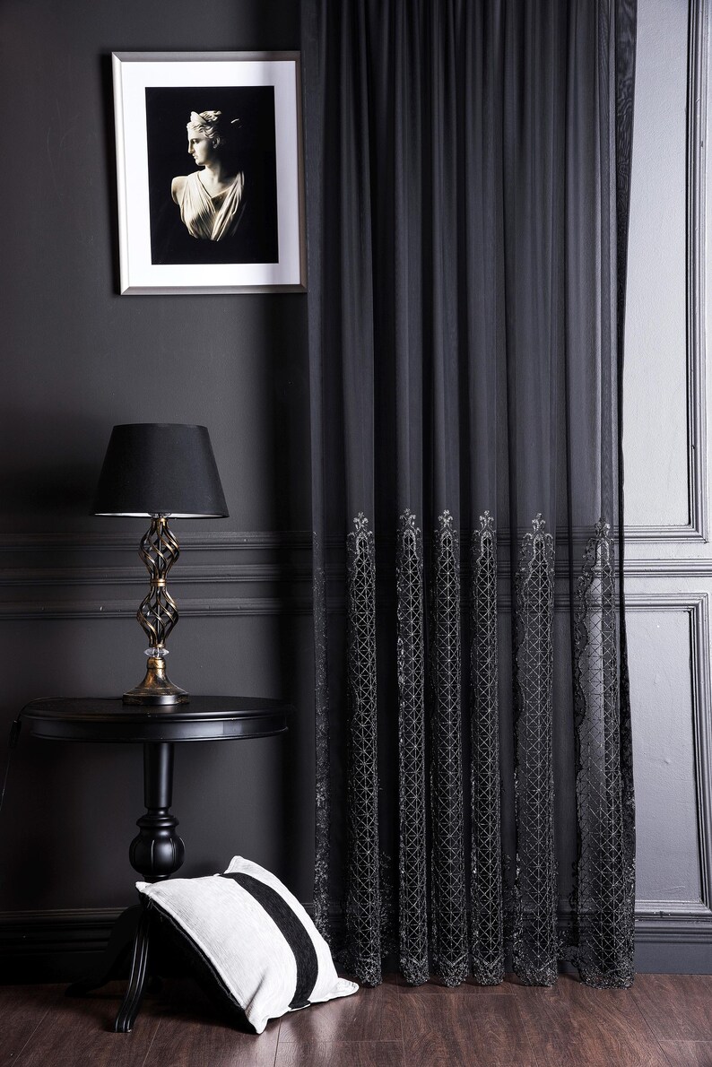 Black Embroidered Tulle Curtains Chic Window Treatments, Sheer Lace