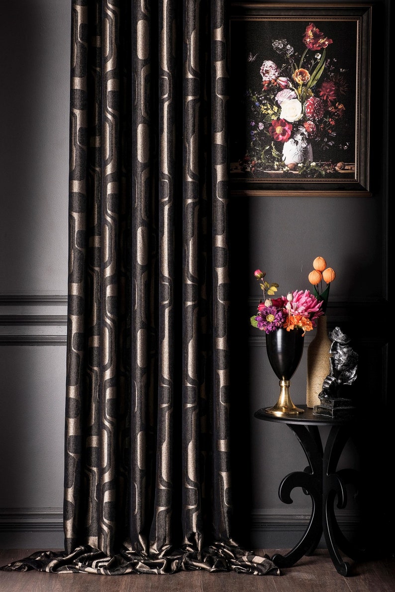 Luxury Black Gold Geometric Patterned Striped Curtains, Modern Fabric Panels, %100 Blackout Extra Long Curtains, Living Room Bedroom Kitchen, patterned curtains, art deco, panel curtains, fabrics, drapery, chenille curtains, black curtains, geometric