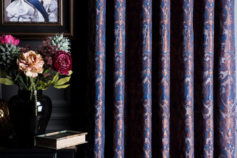 Navy Blue Victorian Damask Curtains, Custom Size Chenille Fabric, Vintage & Baroque Style Drapes, Multiple Colors image 8
