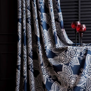 Cortinas de linho azul-marinho com bordado floral cinza, cortinas com estampas luxuosas para sala de estar e quarto, painéis de janela elegantes e personalizados