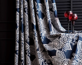 Navy Blue Linen Curtains with Gray Floral Embroidery, Luxury Patterned Drapes for Living Room & Bedroom, Elegant Custom Window Panels
