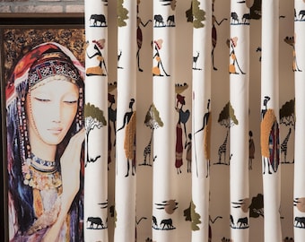 Ethnic Linen Curtains, African Tribal Mudcloth Print, Boho Drapes