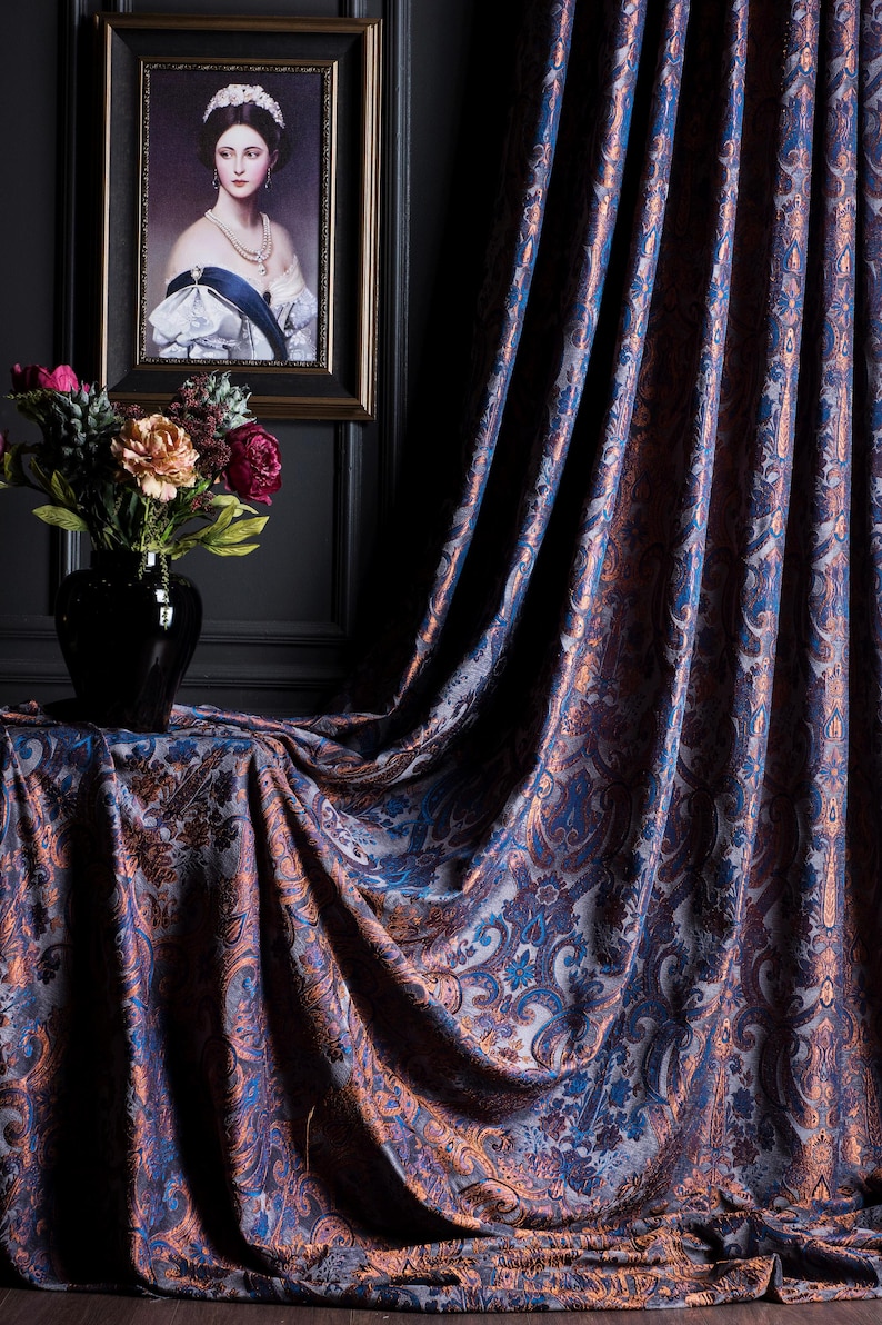 Navy Blue Victorian Damask Curtains, Custom Size Chenille Fabric, Vintage & Baroque Style Drapes, Multiple Colors image 2