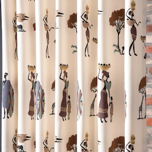 Ethnic Boho Linen Curtains, African Tribal Mudcloth Drapes, White and Brown Curtains for Bedroom & Living Room