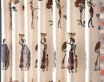 Ethnic Boho Linen Curtains, African Tribal Mudcloth Drapes, White and Brown Curtains for Bedroom & Living Room