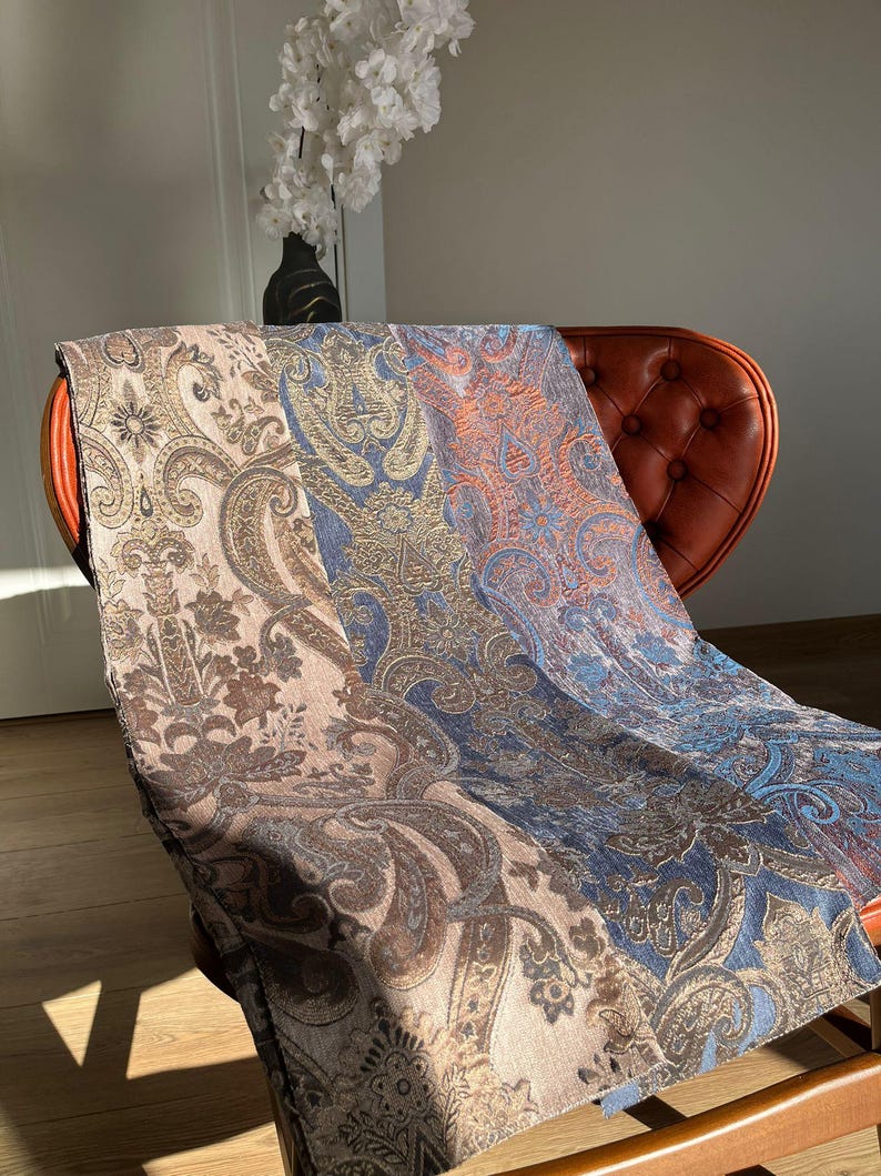 Navy Blue Victorian Damask Curtains, Custom Size Chenille Fabric, Vintage & Baroque Style Drapes, Multiple Colors image 3