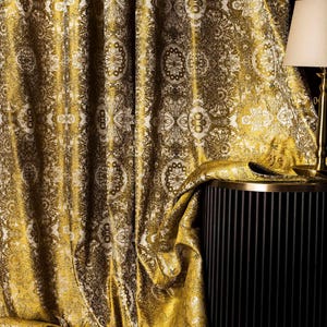 Vintage Gold Baroque Patterned Curtains, Luxury Custom Size Sateen Curtains for Living Room & Bedroom, Shiny Art Deco Fabric