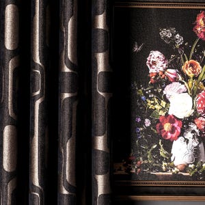 Luxury Black Gold Geometric Patterned Striped Curtains, Modern Fabric Panels, %100 Blackout Extra Long Curtains, Living Room Bedroom Kitchen, patterned curtains, art deco, panel curtains, fabrics, drapery, chenille curtains, black curtains, geometric