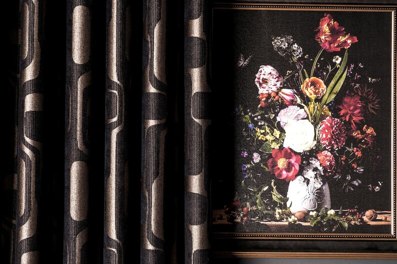 Luxury Black Gold Geometric Patterned Striped Curtains, Modern Fabric Panels, %100 Blackout Extra Long Curtains, Living Room Bedroom Kitchen, patterned curtains, art deco, panel curtains, fabrics, drapery, chenille curtains, black curtains, geometric