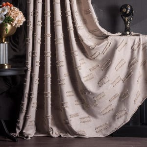 Linen Beige Boho Panel Curtains, Terracotta Geometric Stirped Drapery Fabric, Custom Tasseled Curtains for Living Room & Bedroom