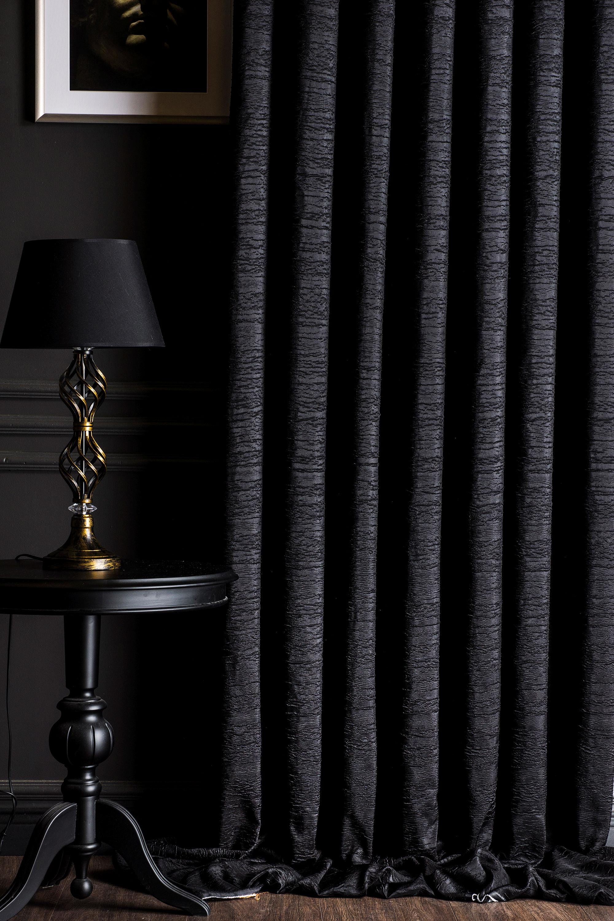 Extra Black Crinkled Curtains, Custom Size Embossed Fabric, Bohemian