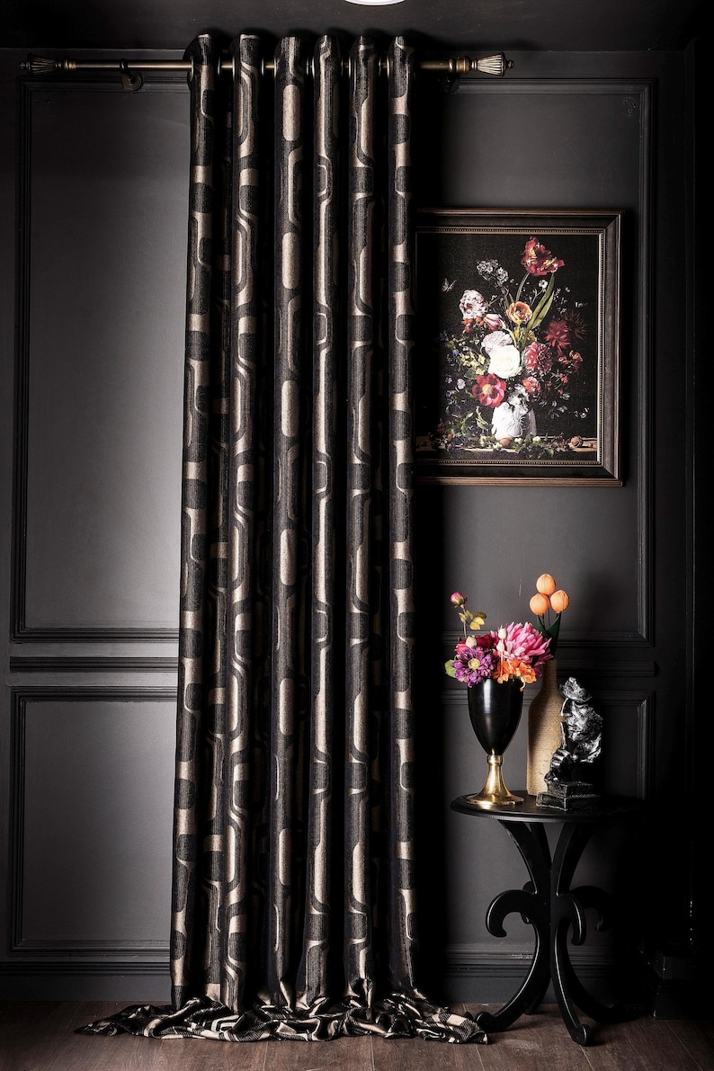 Luxury Black Gold Geometric Patterned Striped Curtains, Modern Fabric Panels, %100 Blackout Extra Long Curtains, Living Room Bedroom Kitchen, patterned curtains, art deco, panel curtains, fabrics, drapery, chenille curtains, black curtains, geometric