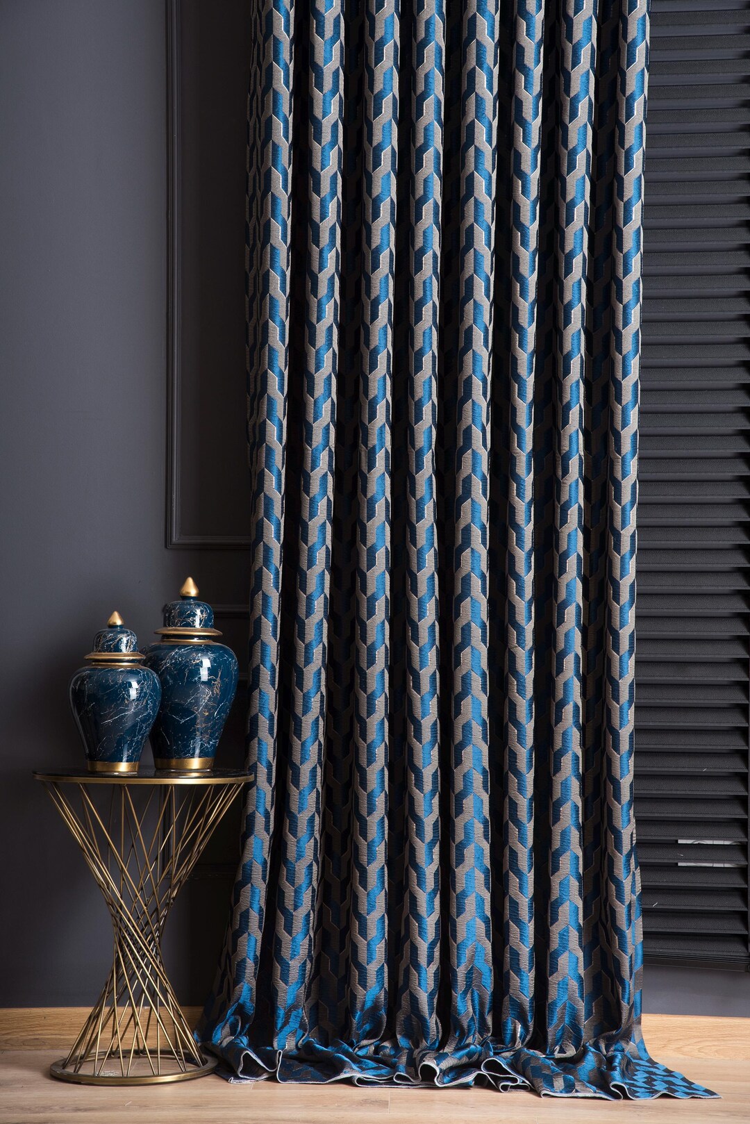 Blue and Silver Striped Panel Curtains , Luxury Geometric Pattern ...