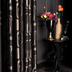 Luxury Black Gold Geometric Patterned Striped Curtains, Modern Fabric Panels, %100 Blackout Extra Long Curtains, Living Room Bedroom Kitchen, patterned curtains, art deco, panel curtains, fabrics, drapery, chenille curtains, black curtains, geometric