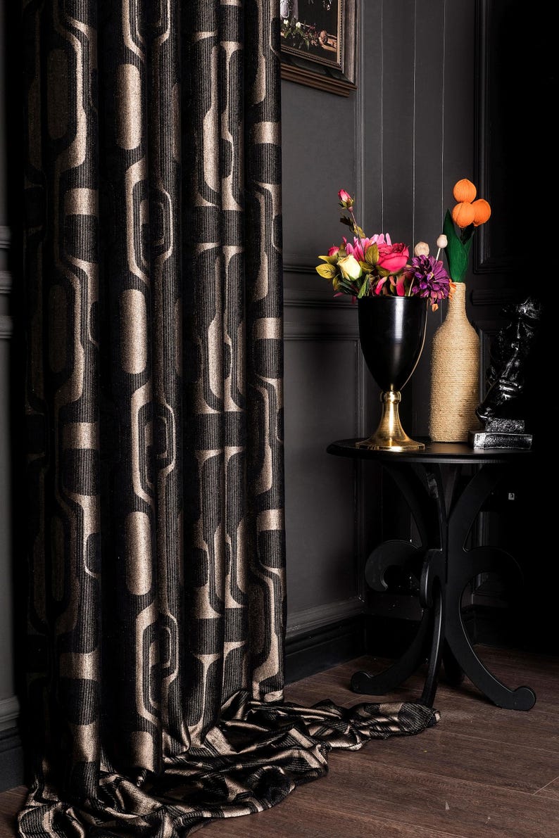 Luxury Black Gold Geometric Patterned Striped Curtains, Modern Fabric Panels, %100 Blackout Extra Long Curtains, Living Room Bedroom Kitchen, patterned curtains, art deco, panel curtains, fabrics, drapery, chenille curtains, black curtains, geometric