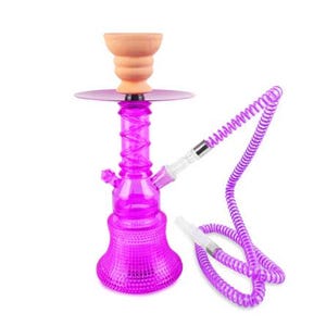 May include: A purple plastic hookah with a clear glass base and a coiled hose. The hookah has a clay bowl and a metal stem.