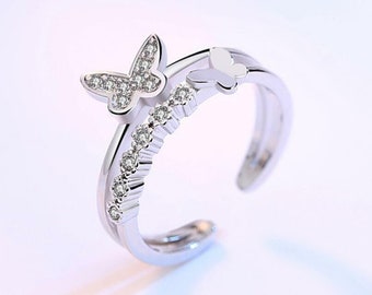 Butterfly women's ring silver 925 zirconia adjustable size 48-54