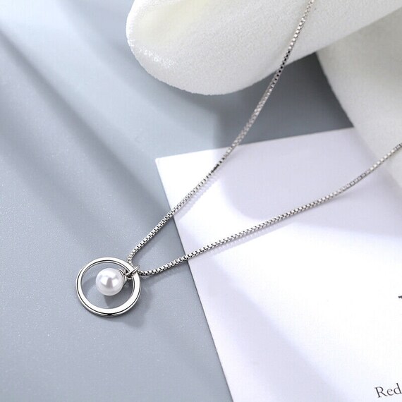 Halskette Kreis mit Perle Anhänger echt Silber 92… - image 2