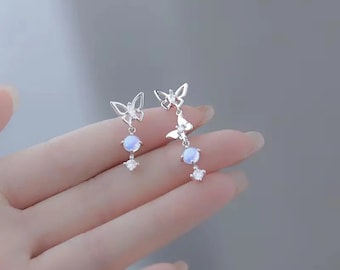 Stud earrings with butterfly sterling silver 925 moonstone women's earrings