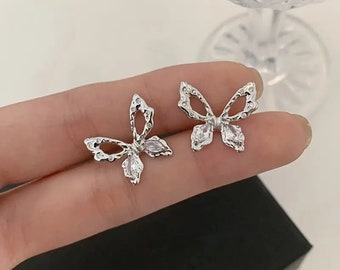 Stud earrings butterfly sterling silver 925 zirconia women's earrings