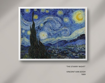 Van Gogh Starry Night Print | Vintage Fine Art Poster | Blue Night Sky Wall Art | Living Room Gallery Decor | Digital Download