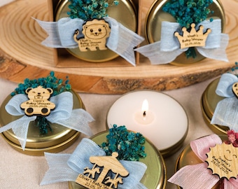 Scented Candle Baby Shower Favors for Guests, Baptism Favors, Tin Candle Favors, Custom Candle Favors with Dried Flowers, Thank You Favors