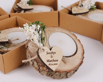 Personalized Wooden Candle Holder, Wedding Favors for Guests in Bulk, Bridal Shower Favors Tealight Holder, Rustic Wedding Party Favors Bulk