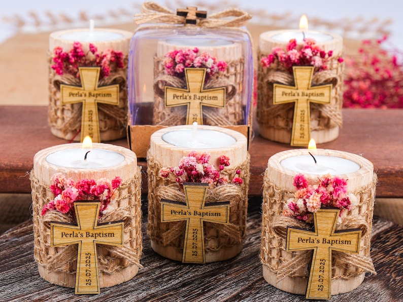 Baptism Favors, Wooden Candle Holder, Tealight Holder, Baptism Gift, Geschenk Taufe, Personalised Candle, Baby Shower First Communion Favors