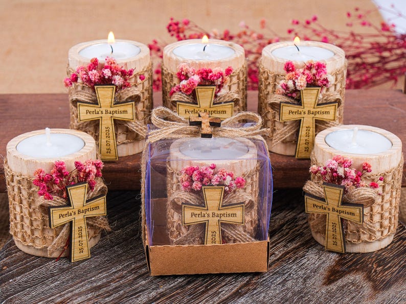 Baptism Favors, Wooden Candle Holder, Tealight Holder, Baptism Gift, Geschenk Taufe, Personalised Candle, Baby Shower First Communion Favors
