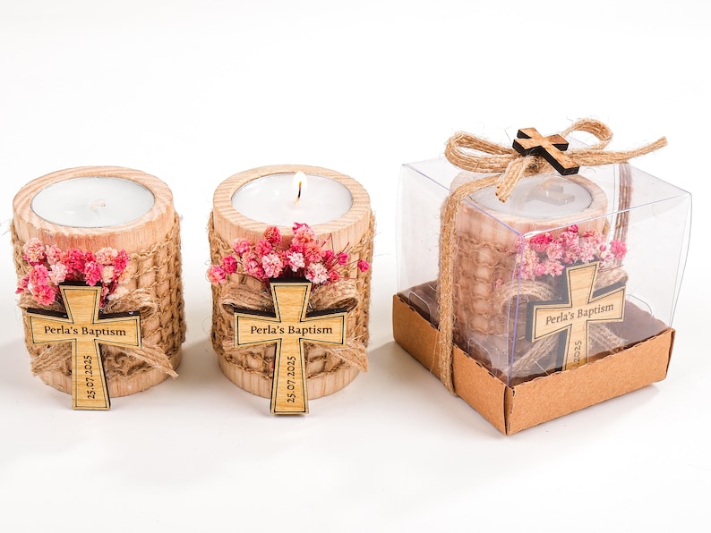 Baptism Favors, Wooden Candle Holder, Tealight Holder, Baptism Gift, Geschenk Taufe, Personalised Candle, Baby Shower First Communion Favors