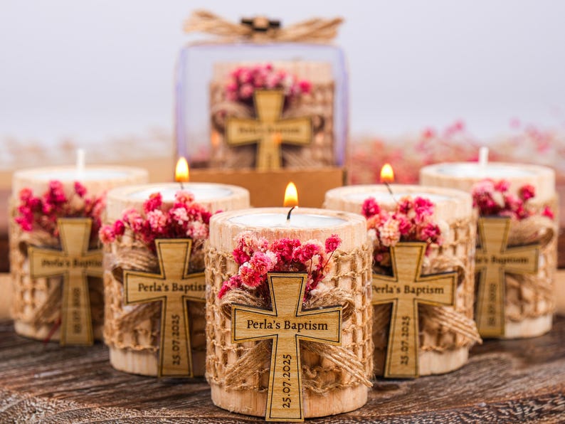 Baptism Favors, Wooden Candle Holder, Tealight Holder, Baptism Gift, Geschenk Taufe, Personalised Candle, Baby Shower First Communion Favors