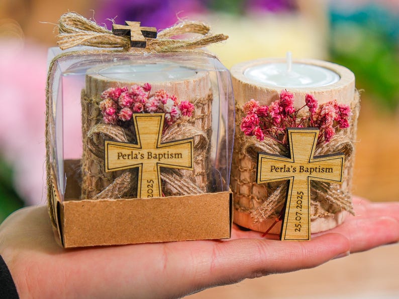 Baptism Favors, Wooden Candle Holder, Tealight Holder, Baptism Gift, Geschenk Taufe, Personalised Candle, Baby Shower First Communion Favors