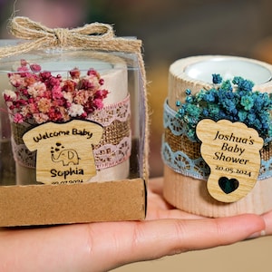 Baby Shower Favors, Custom Candle Holders, Baby Shower Gifts, Candle Favors, Wooden Tealight Holder, Baby in Bloom, Baptism Candle Favors