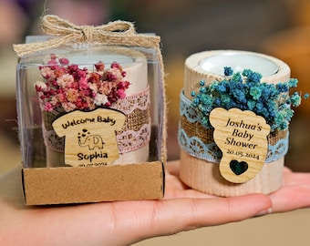 Baby Shower Favors, Custom Candle Holders, Baby Shower Gifts, Candle Favors, Wooden Tealight Holder, Baby in Bloom, Baptism Candle Favors