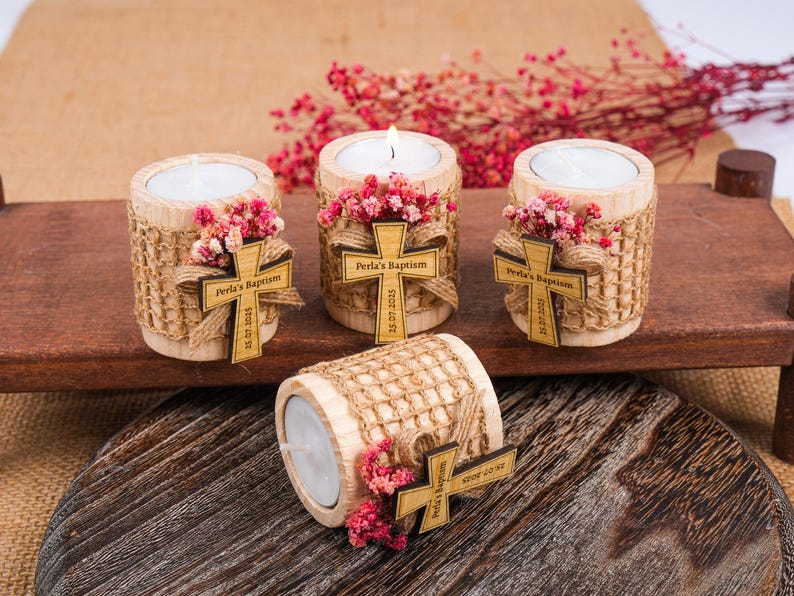 Baptism Favors, Wooden Candle Holder, Tealight Holder, Baptism Gift, Geschenk Taufe, Personalised Candle, Baby Shower First Communion Favors