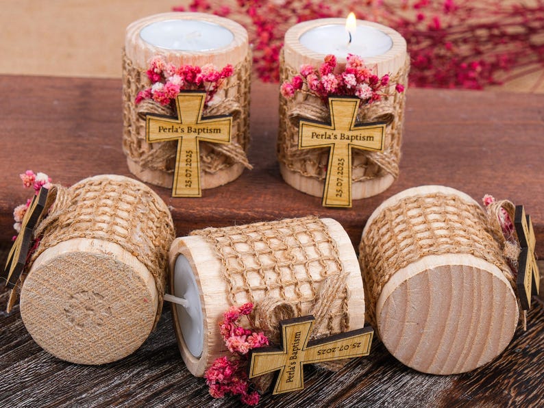 Baptism Favors Wooden Candle Holder, First Communion Favors Tealight Holder, Baptism Gift, Geschenk Taufe, Personalized Candle, Baby Shower image 9
