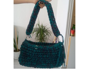 Recycled Yarn Hand Knitted Bag -Gray and Green colors, handcrafted bag, knitting bag, shoulder bag, baguette bag, valentine'sday, ladies bag