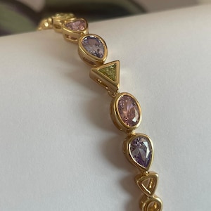 Gold plated chain bracelet, Bracelet chains, zircon stone chain bracelet, gift for woman, birthday gift, colored stones, gold bracelet, love