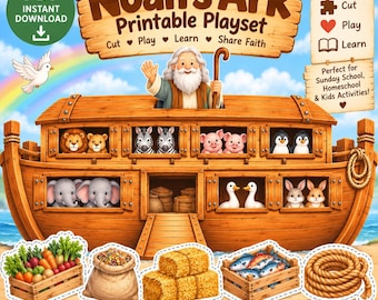 Peut inclure: Un ensemble de jeu imprimable Arche de Noé avec une arche en bois et des paires d'animaux dont des lions, zèbres, cochons, pingouins, éléphants, canards et lapins. Inclut une figurine de Noé, des légumes, un sac de grain, du foin et du poisson.