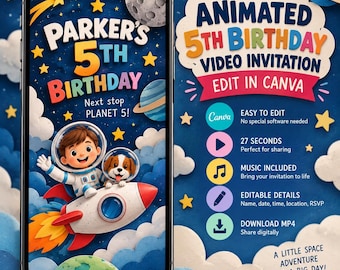 Peut inclure: Un écran de smartphone affiche une invitation d'anniversaire animée sur le thème de l'espace avec un enfant et un chien en tenue d'astronaute sur une fusée. Texte : PARKER'S 5TH BIRTHDAY, Next stop PLANET 5!, ANIMATED 5TH BIRTHDAY VIDEO INVITATION.