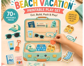Peut inclure: Un ensemble de jeu imprimable sur le thème des vacances à la plage comprenant une valise avec des fentes pour des accessoires en papier comme un passeport, un billet, une gourde, des lunettes, un tuba, de la crème solaire, un chapeau et plus.