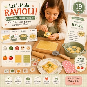 Let's Make Ravioli printable pretend play cooking activity for kids featuring paper ravioli, printable kitchen tools, ingredients, step-by-step assembly, fine motor activities, Montessori-inspired learning, dramatic play, homeschool activity, preschool printable PDF, bonus recipe pages, and interactive paper food craft for children.