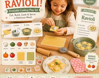 Peut inclure: Un ensemble de jeu de cuisine à imprimer intitulé Let's Make RAVIOLI! avec des découpages en papier d'ingrédients, de pâte et d'étapes de cuisson. Inclut un rouleau à pâtisserie en bois, une roulette, une casserole verte et une manique à pois.