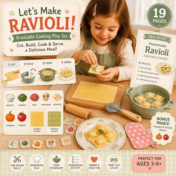 Printable Ravioli Pretend Play | Kids Cooking Activity | Fine Motor Preschool Game | Montessori Kitchen Printable PDF
