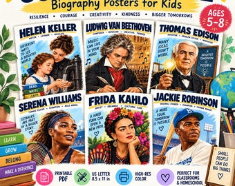 Peut inclure: Un ensemble de 30 affiches biographiques de personnes inspirantes pour enfants avec des illustrations de Helen Keller, Ludwig van Beethoven, Thomas Edison, Serena Williams, Frida Kahlo et Jackie Robinson, mesurant 21,6 par 27,9 cm.