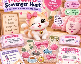 Peut inclure: Un jeu de piste Mochi's Scavenger Hunt comprenant une illustration de chat, un guide pour les parents, des cartes d'indices, un certificat et des découpages en papier incluant une chaussette, de la laine, une souris, un poisson et des nœuds.