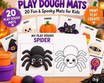 Peut inclure: Un ensemble de tapis de pâte à modeler My Halloween Play Dough Mats avec 20 designs amusants et effrayants. Les tapis rectangulaires blancs présentent des illustrations de fantôme, citrouille, chauve-souris, bonbon, sorcière et araignée.